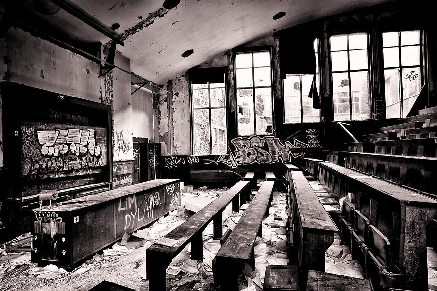 Black And White Photograph - School is out - Urban decay by Dirk Ercken