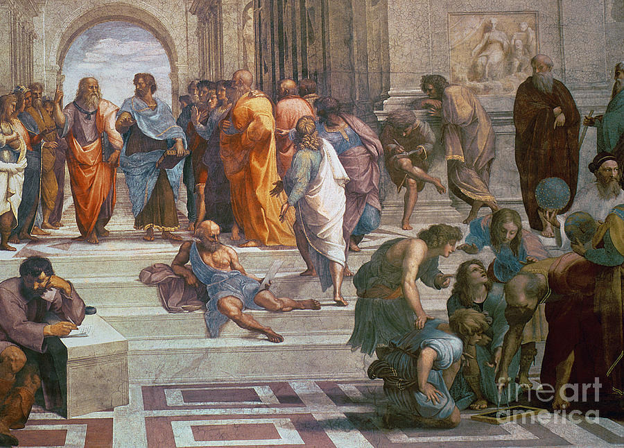 Raphael Painting - School of Athens, detail from right hand side showing Diogenes on the steps and Euclid by Raphael