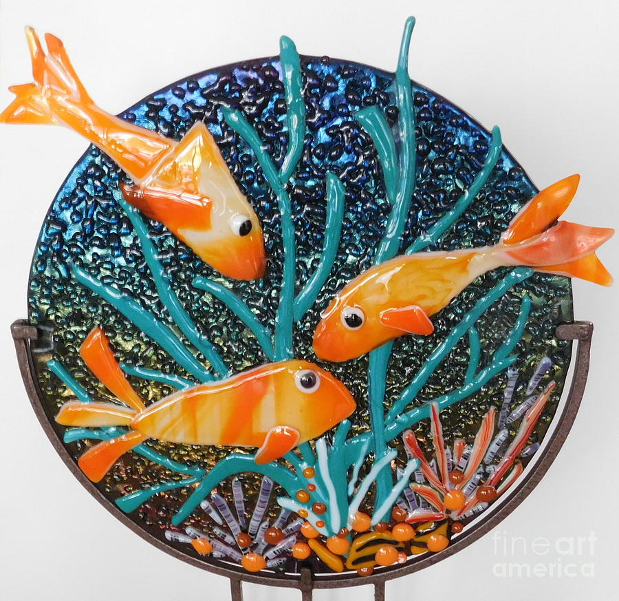 School of Three Little Fish Glass Art by Joan Clear