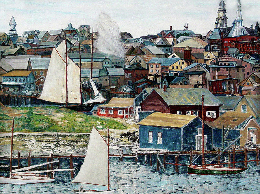 Schooner and City Painting by Laurence Dahlmer