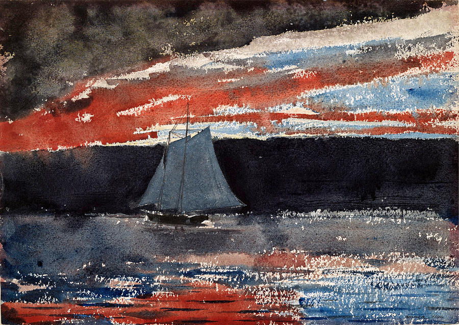 Schooner at Sunset Drawing by Winslow Homer