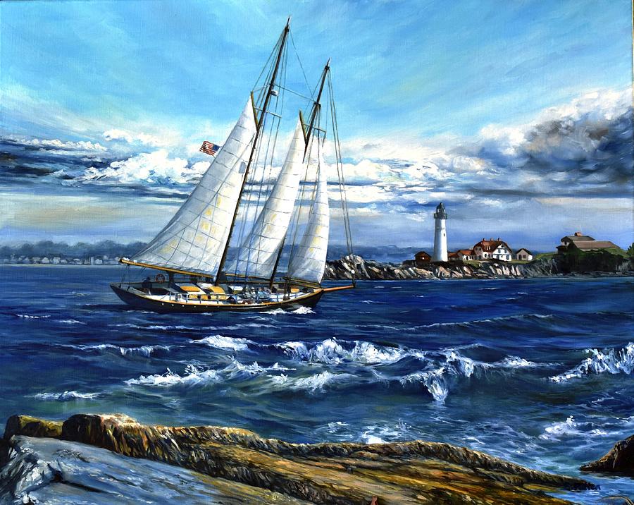 Boat Painting - Schooner Bagheera by Portland Head Light by Eileen Patten Oliver