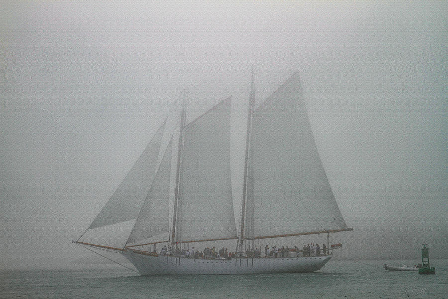 Schooner in fog Photograph by Bonnie Follett