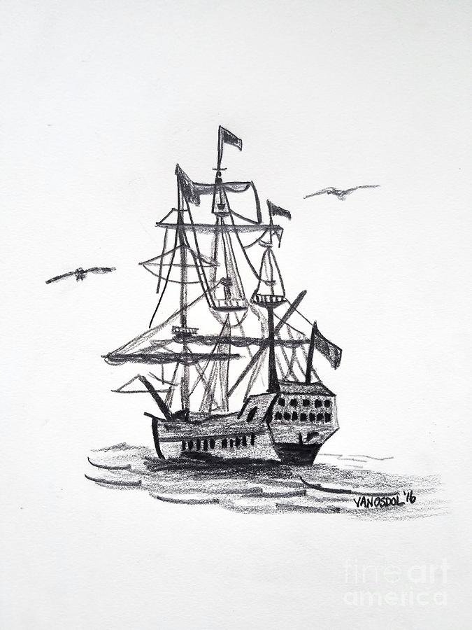 Schooner Sailing Ship Sketched Art Drawing By Scott D Van Osdol 1699