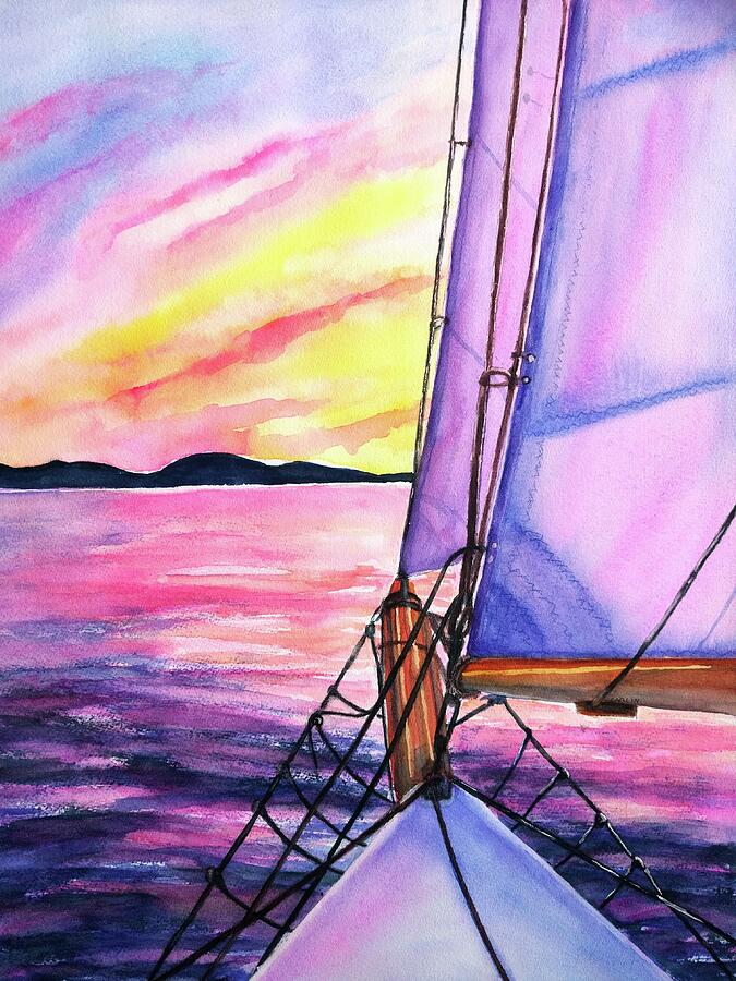 Sunset Painting - Sailboat Sunset Cruise on Schooner Surprise  by Carlin Blahnik CarlinArtWatercolor