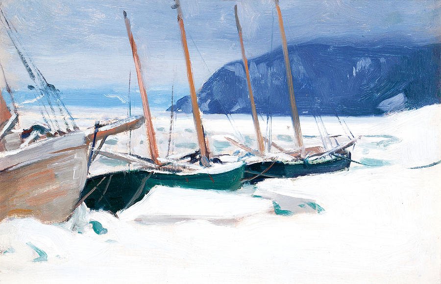 Winter Painting - Schooners in Ice Floes at Baie-St-Paul by Clarence Gagnon
