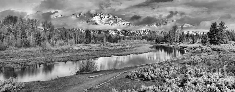 Schwabacher Reflections Of The Tetons Black And White Photograph by Adam Jewell