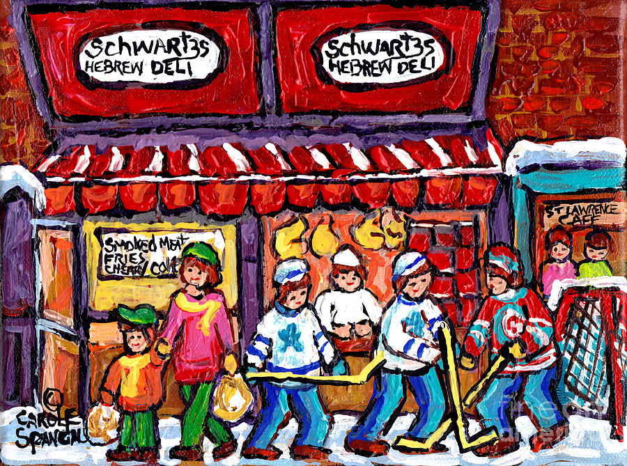 Schwartz Hebrew Deli Painting Main Street Montreal Hockey Art Canadian Winter Scenes C Spandau Painting by Carole Spandau