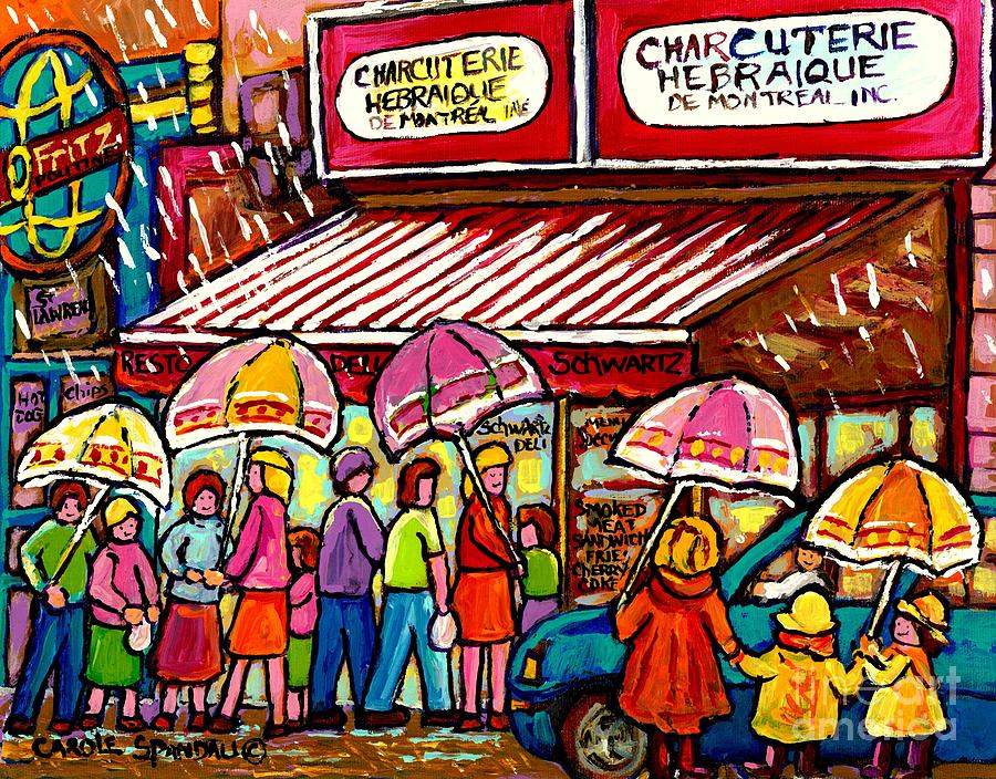 Vintage Painting - Schwartzs Deli Rainy Day Line-up Umbrella Paintings Montreal Memories April Showers Carole Spandau  by Carole Spandau