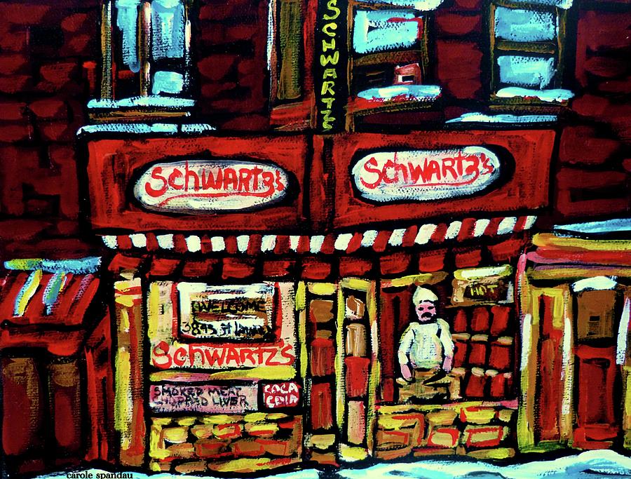 Schwartzs Deli Window Montreal At Night Painting by Carole Spandau