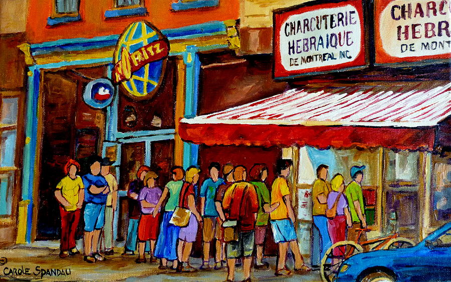 Montreal Painting - Schwartzs Lineup On St. Lawrence Montreal Streetscenes by Carole Spandau