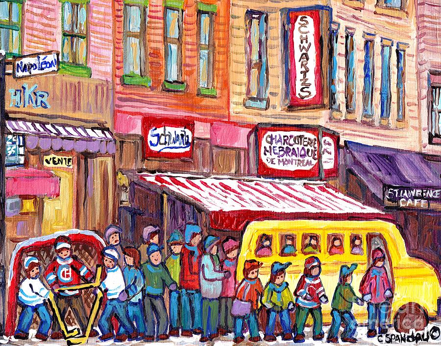 Schwartzs Smoked Meat Deli On The Main Montreal Hockey Art Scenes School Bus Painting C Spandau Art Painting by Carole Spandau