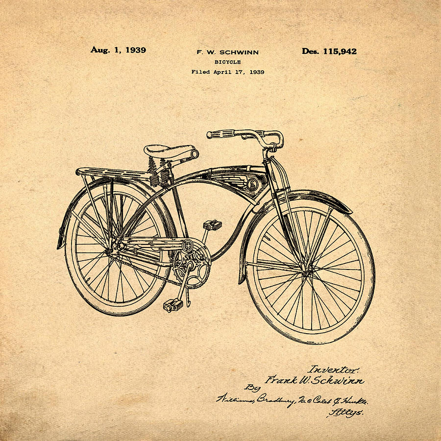 Vintage Photograph - Schwinn Bicycle 1939 Patent Sepia by Bill Cannon