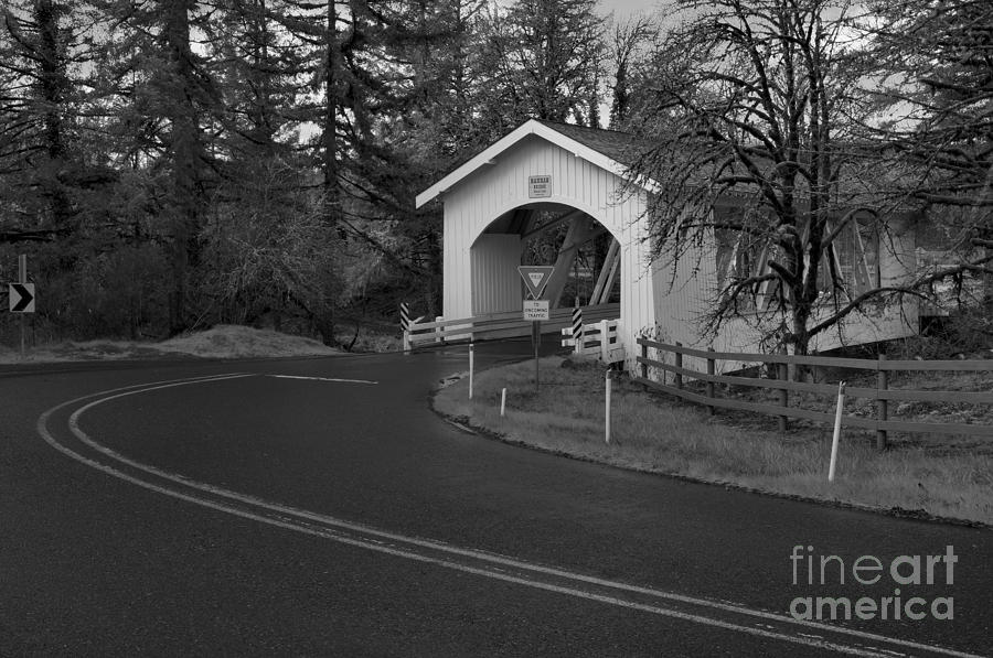 Scio Oregon Covered Bridge - Back And White Photograph by Adam Jewell