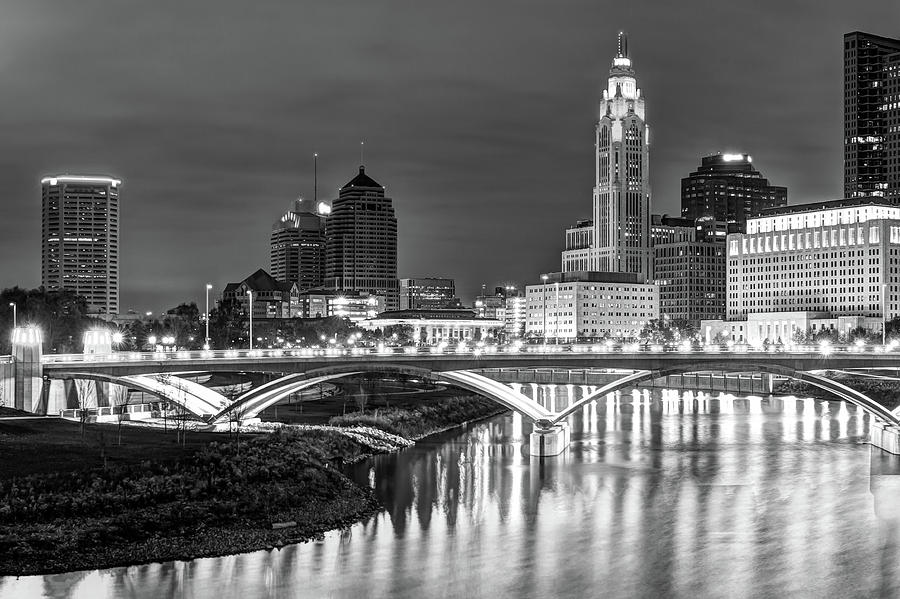Scioto River Reflections of Columbus Skyline  Black and White Photograph by Gregory Ballos