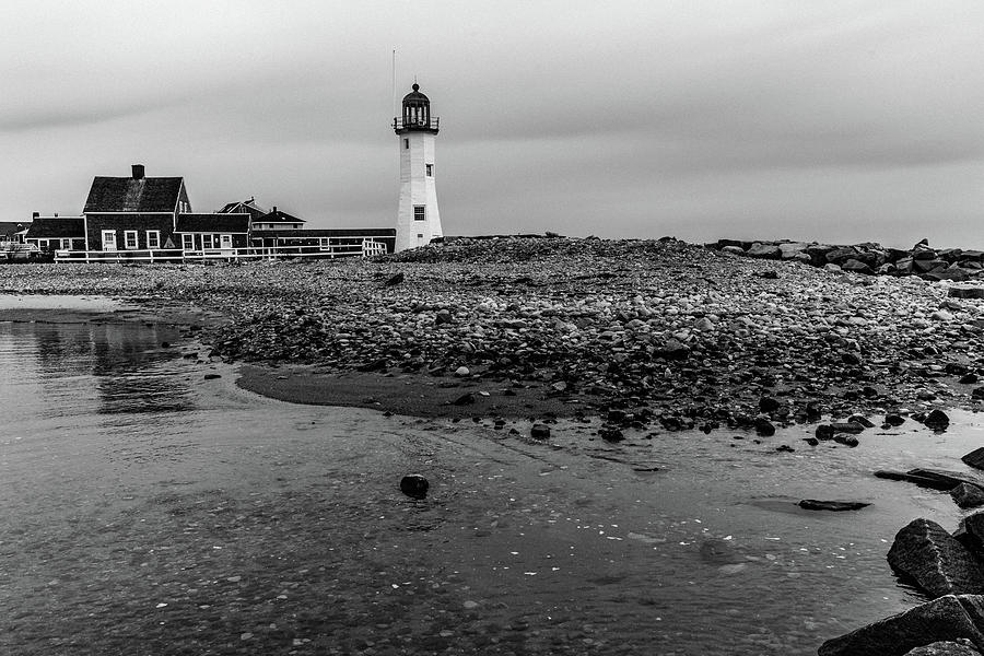 Scituate Lighthouse and Beach in Black and White Photograph by Brian MacLean