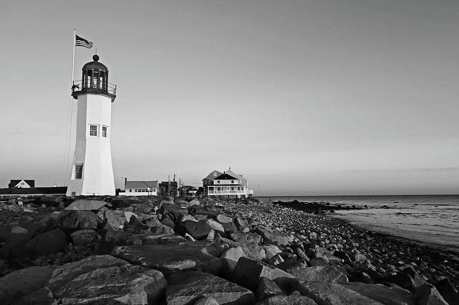 Scituate Lighthouse Scituate Massachusetts South Shore at Sunrise Rocks Black and White Photograph by Toby McGuire