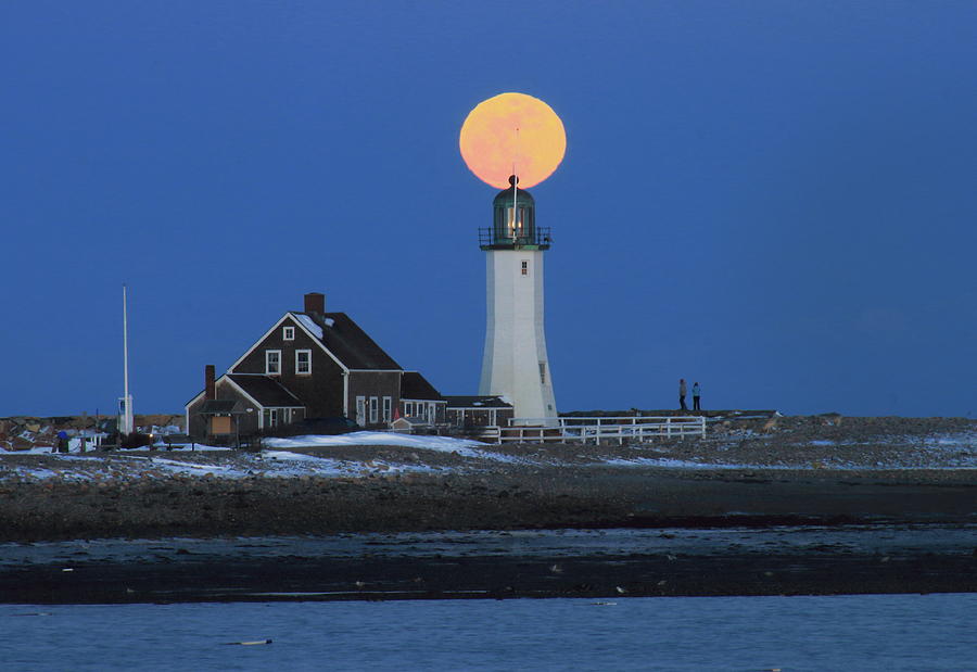 Scituate Lighthouse Snow Moon Photograph by John Burk