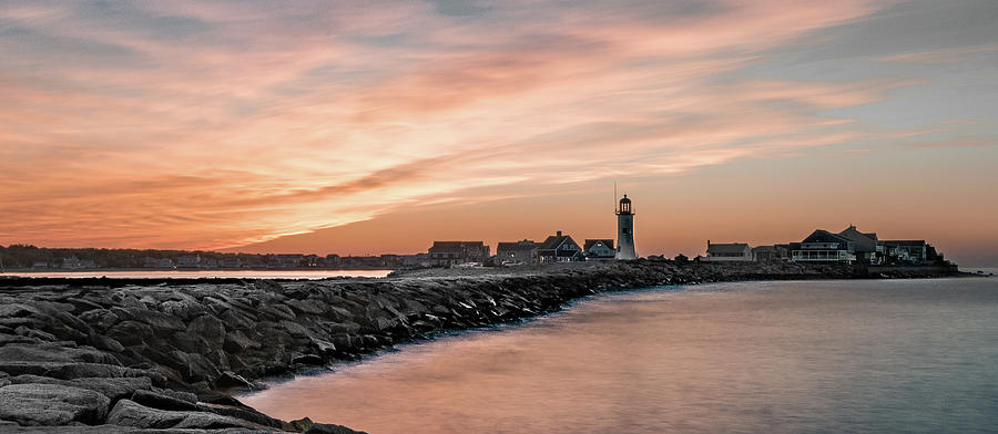 Scituate Lighthouse Sunset wide Photograph by Hershey Art Images