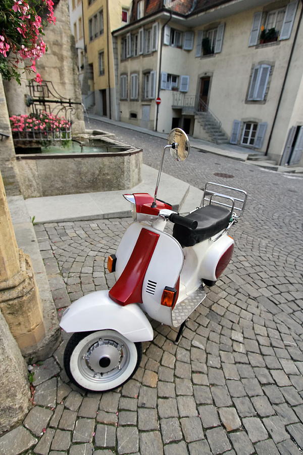 Scooter in old city, Estavayer-le-lac, Switzerland Photograph by Elenarts - Elena Duvernay photo