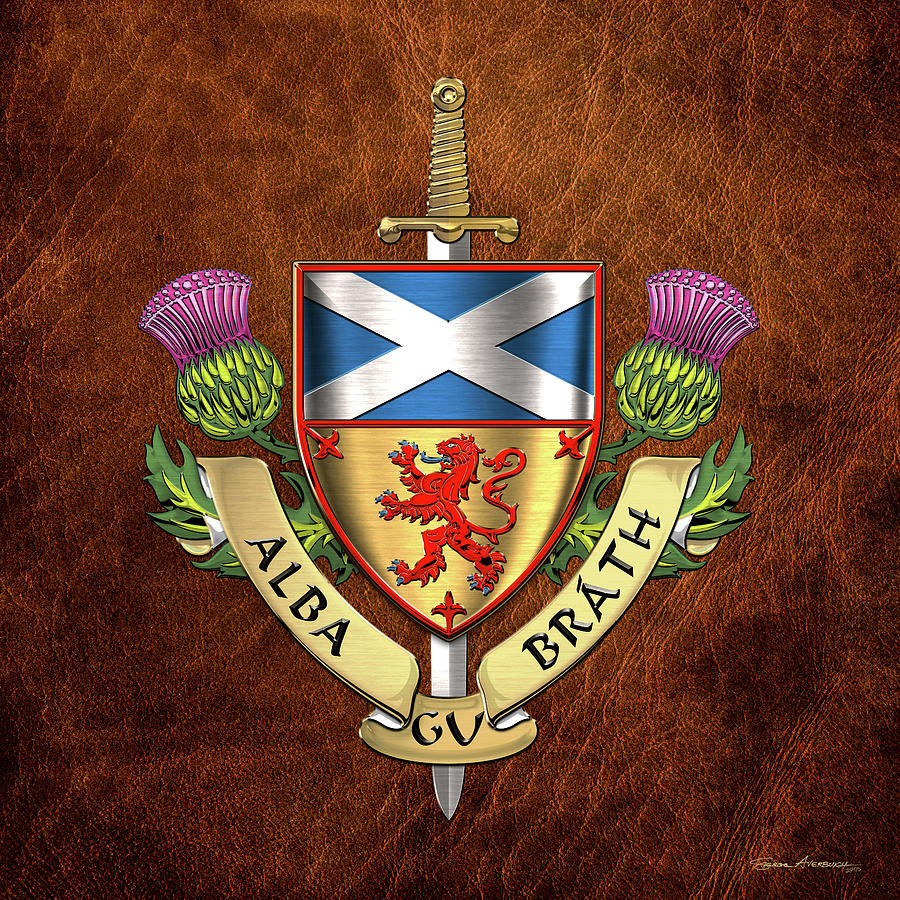 Scotland Forever - Alba Gu Brath - Symbols of Scotland over Brown Leather Digital Art by Serge Averbukh