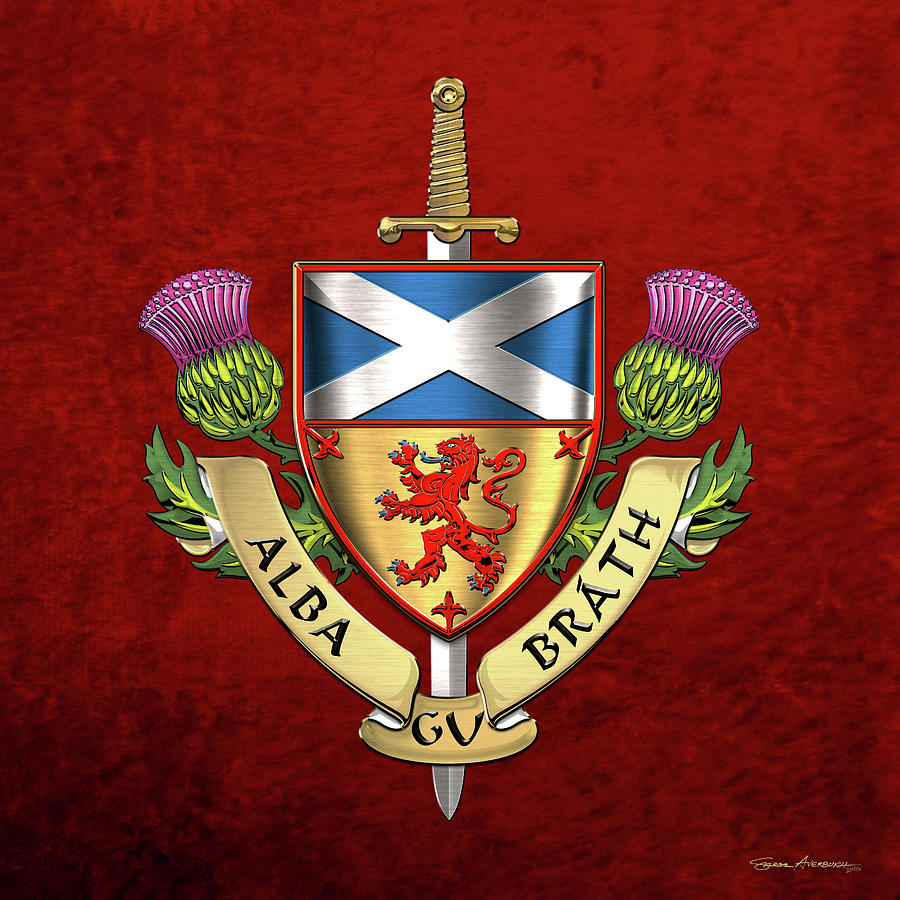 Scotland Forever - Alba Gu Brath - Symbols of Scotland over Red Velvet Digital Art by Serge Averbukh