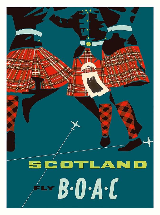 Scotland Digital Art - Scotland Scottish Highland Dancers BOAC Vintage Airline Travel Poster by Retro Graphics