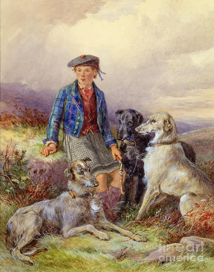 Dog Painting - Scottish Boy with Wolfhounds in a Highland Landscape by James Jnr Hardy