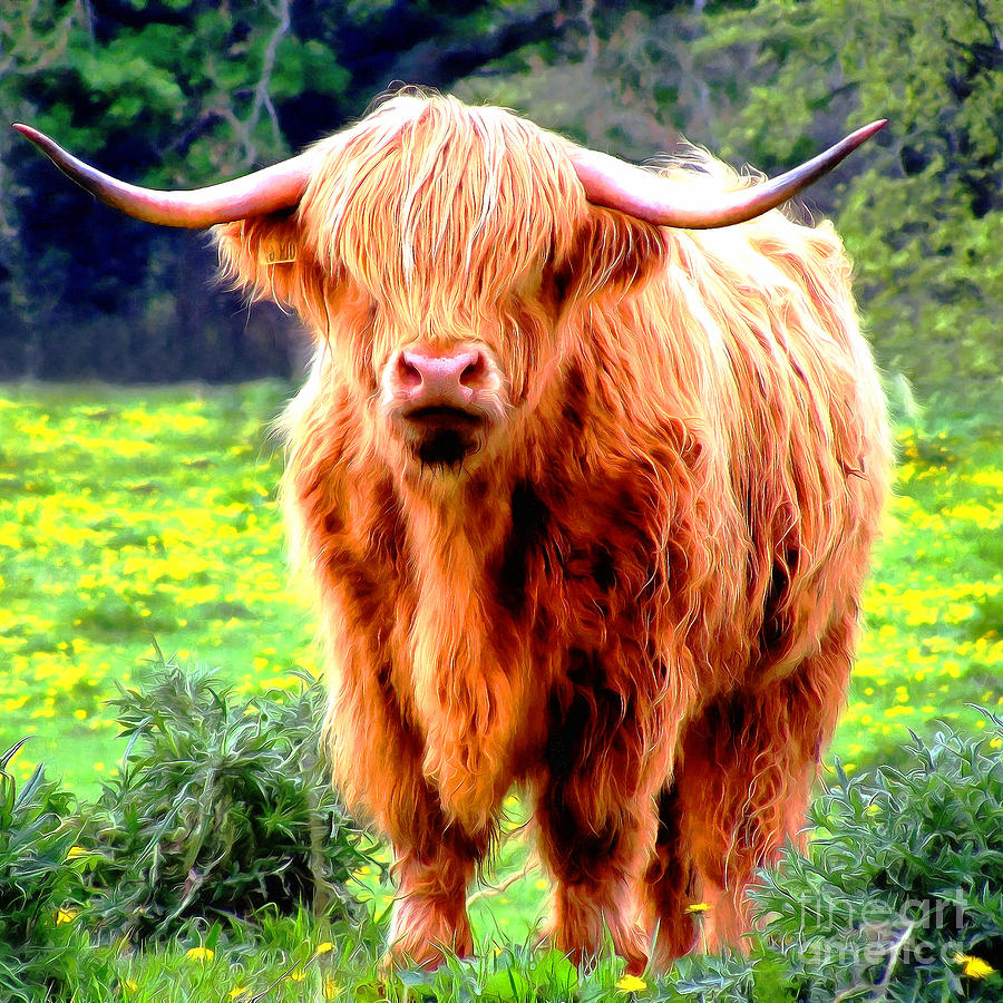 Scottish Highland Cattle Cow Painterly 20170920 square Photograph by Wingsdomain Art and Photography