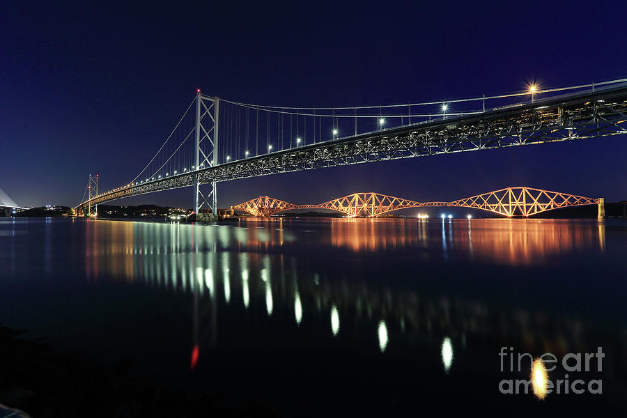 Scottish Steel in Silver and Gold lights across the Firth of Forth at Night Photograph by Maria Gaellman