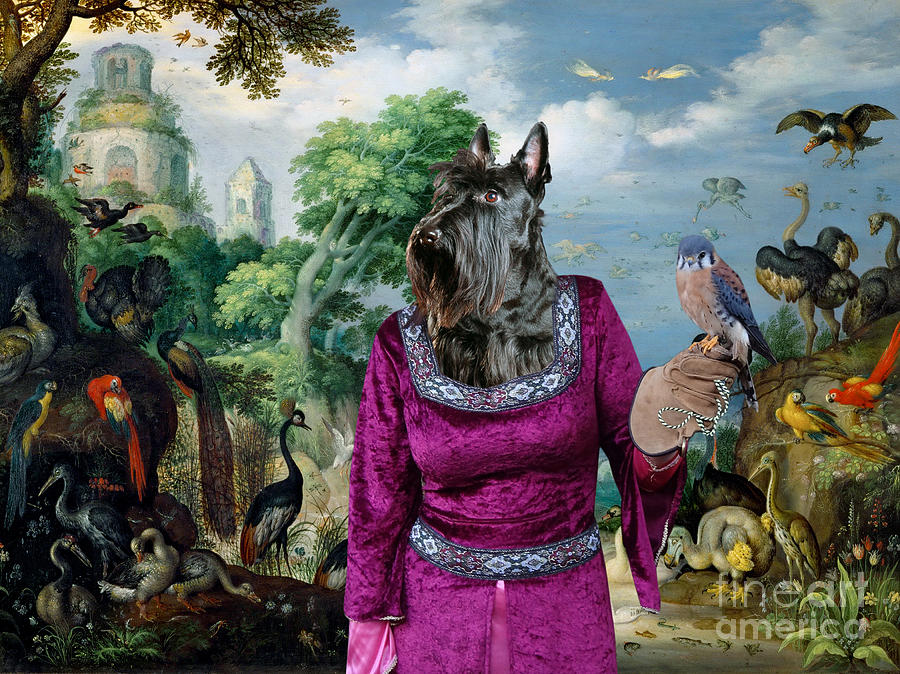 Scottish Terrier Art - Landscape with Lady Falconer and Birds Painting by Sandra Sij
