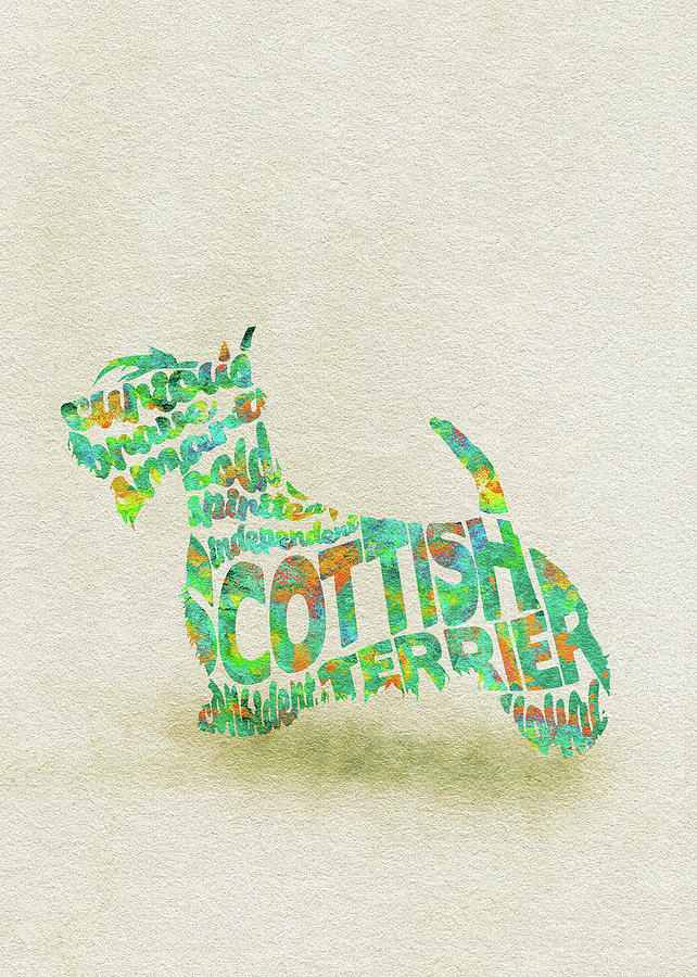 Dog Painting - Scottish Terrier Dog Watercolor Painting / Typographic Art by Inspirowl Design