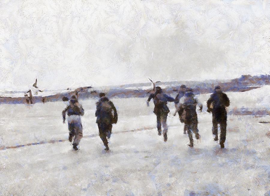 Scramble THE BATTLE OF BRITAIN 1940 Pilots seen running to their aircraft. Painting by Esoterica Art Agency