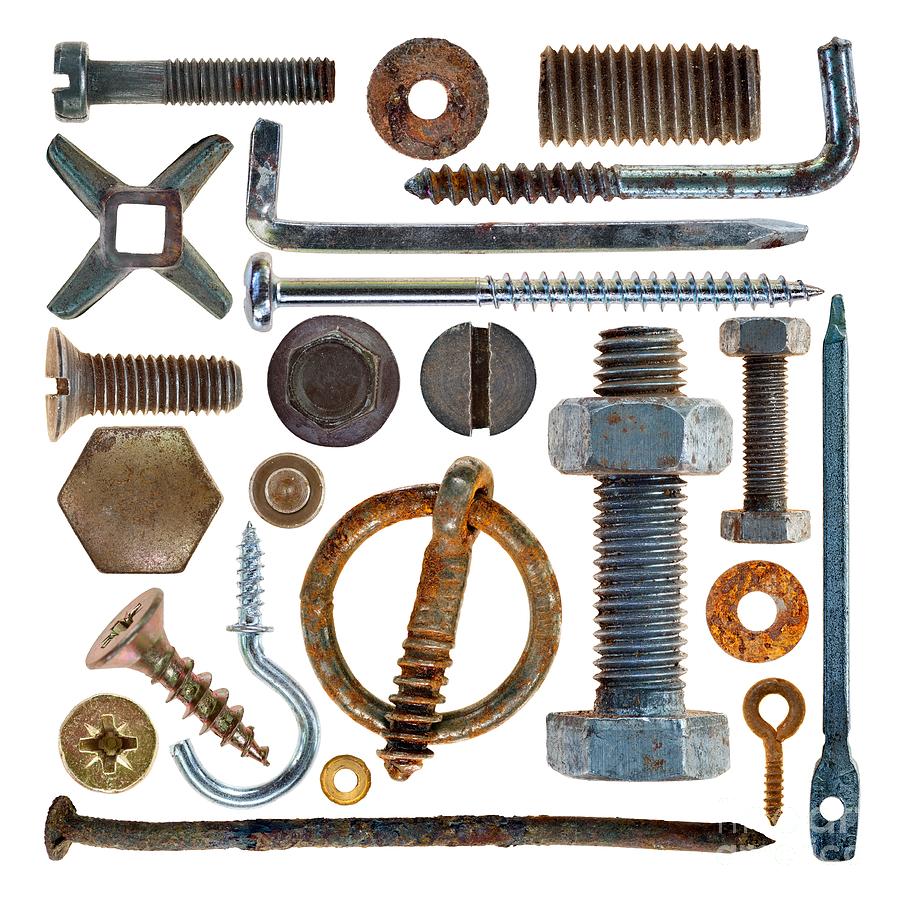 Screws, nuts bolts and hooks on transparent background Photograph by Michal Boubin