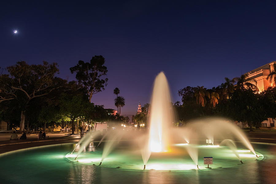 Scripps Fountain and Crescent Moon Photograph by TM Schultze