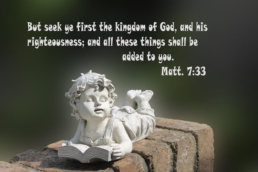 Scripture Photograph - Scripture Matthew Seven with Sculpture of Boy Reading a Book by Linda Phelps