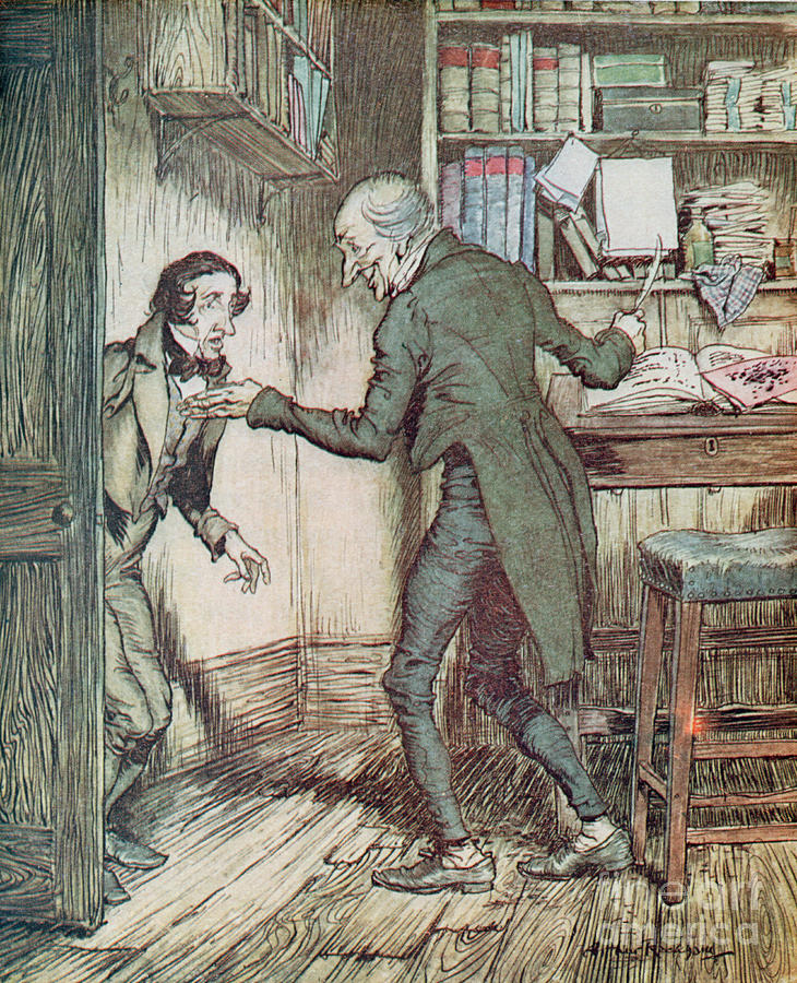 Scrooge and Bob Cratchit Drawing by Arthur Rackham