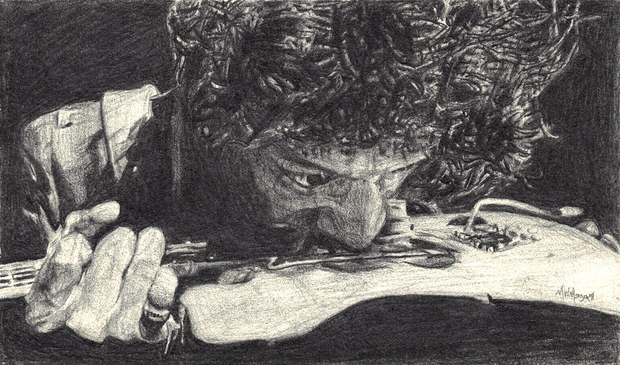 Jimi Hendrix Drawing - Scuse Me While I Chew My Strings by Michael Morgan