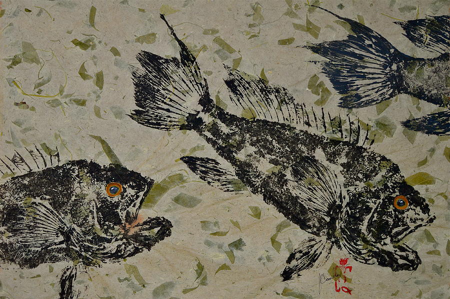 Gyotaku Mixed Media - Sea Bass School on Olive Mango Paper  by Jeffrey Canha