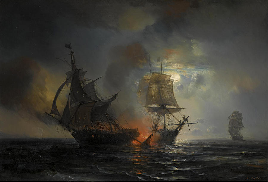 Sea Battle by Night Painting by Theodore Gudin