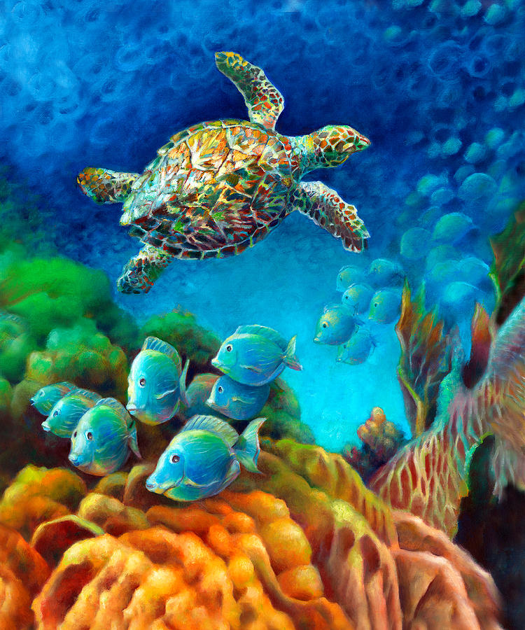 Sea Escape III - Gemstone Hawksbill Turtle Painting by Nancy Tilles