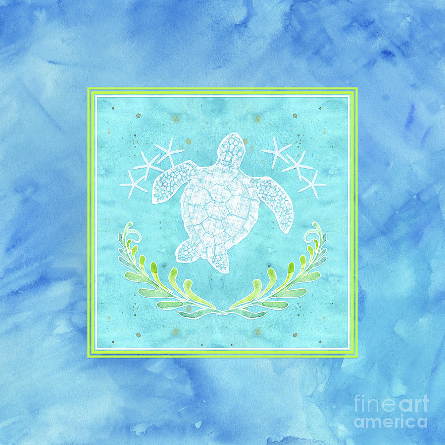 Turtle Painting - Flamingo Beach 1 - Turtle with Starfish  by Audrey Jeanne Roberts
