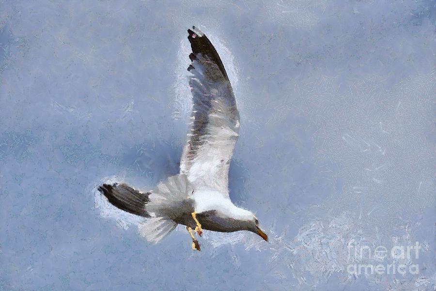 Sea gull flying Painting by George Atsametakis