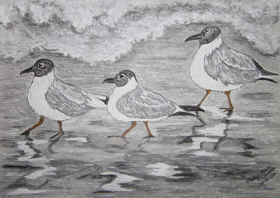 Sea Gulls Dodging the Ocean Waves Painting by Kathy Marrs Chandler