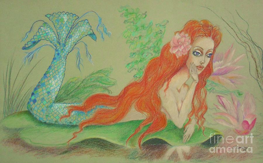 Sea Siren, Resting -- Whimsical Mermaid Drawing Drawing by Jayne Somogy
