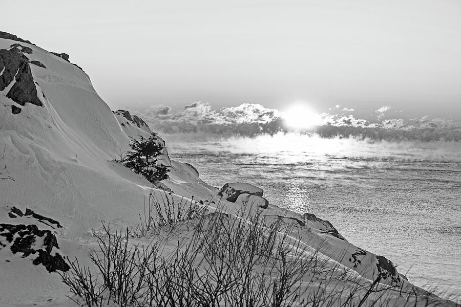 Sea Smoke on Castle Island Marblehead MA Sunrise 2 Black and White Photograph by Toby McGuire