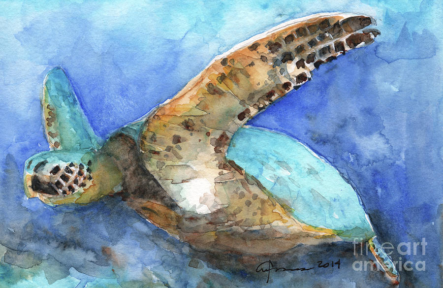 Sea Turtle 4 - 10x6.5 Painting by Claudia Hafner
