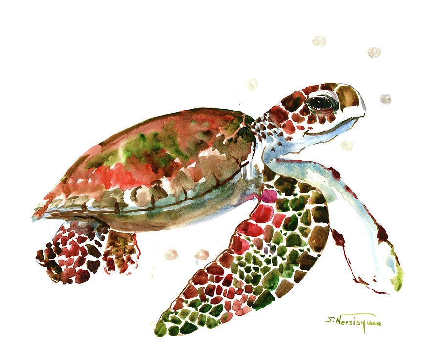 Sea Turtle, Brown, Olive Green, Pink Red Shades Painting by Suren Nersisyan