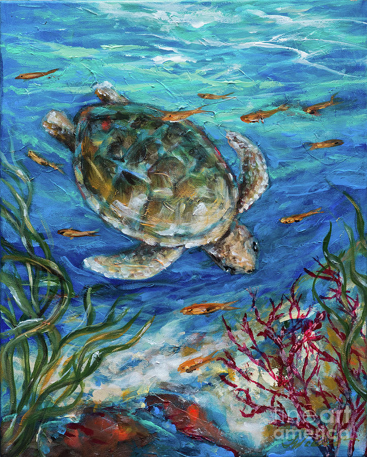 Sea turtle Dive Painting by Linda Olsen