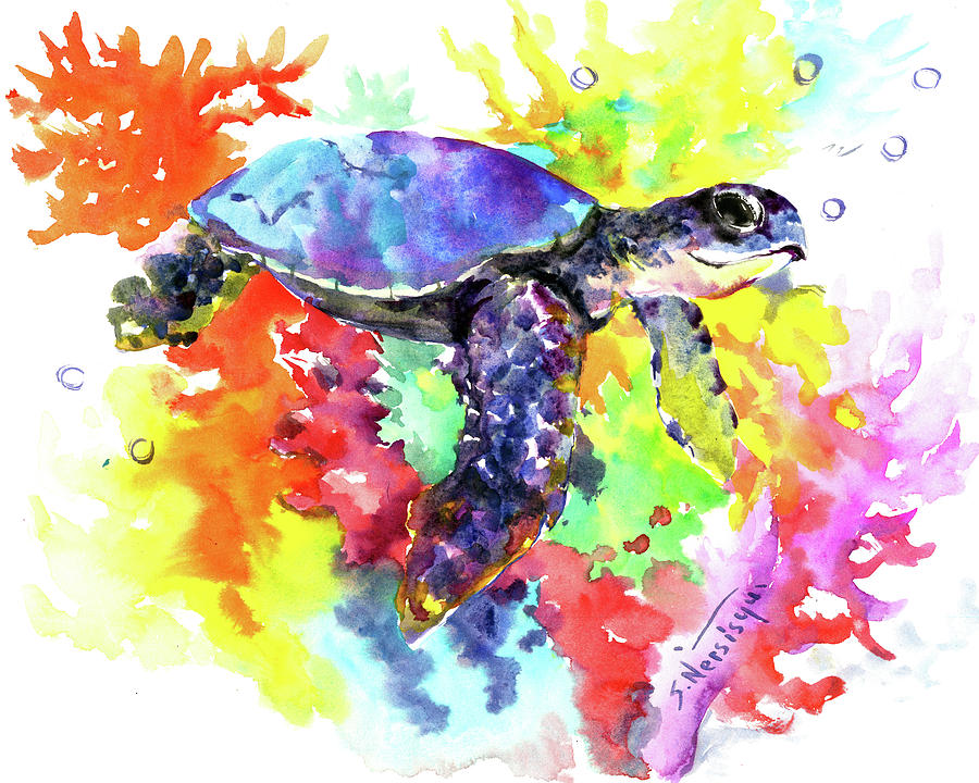 Sea Turtle in Coral Reef Painting by Suren Nersisyan